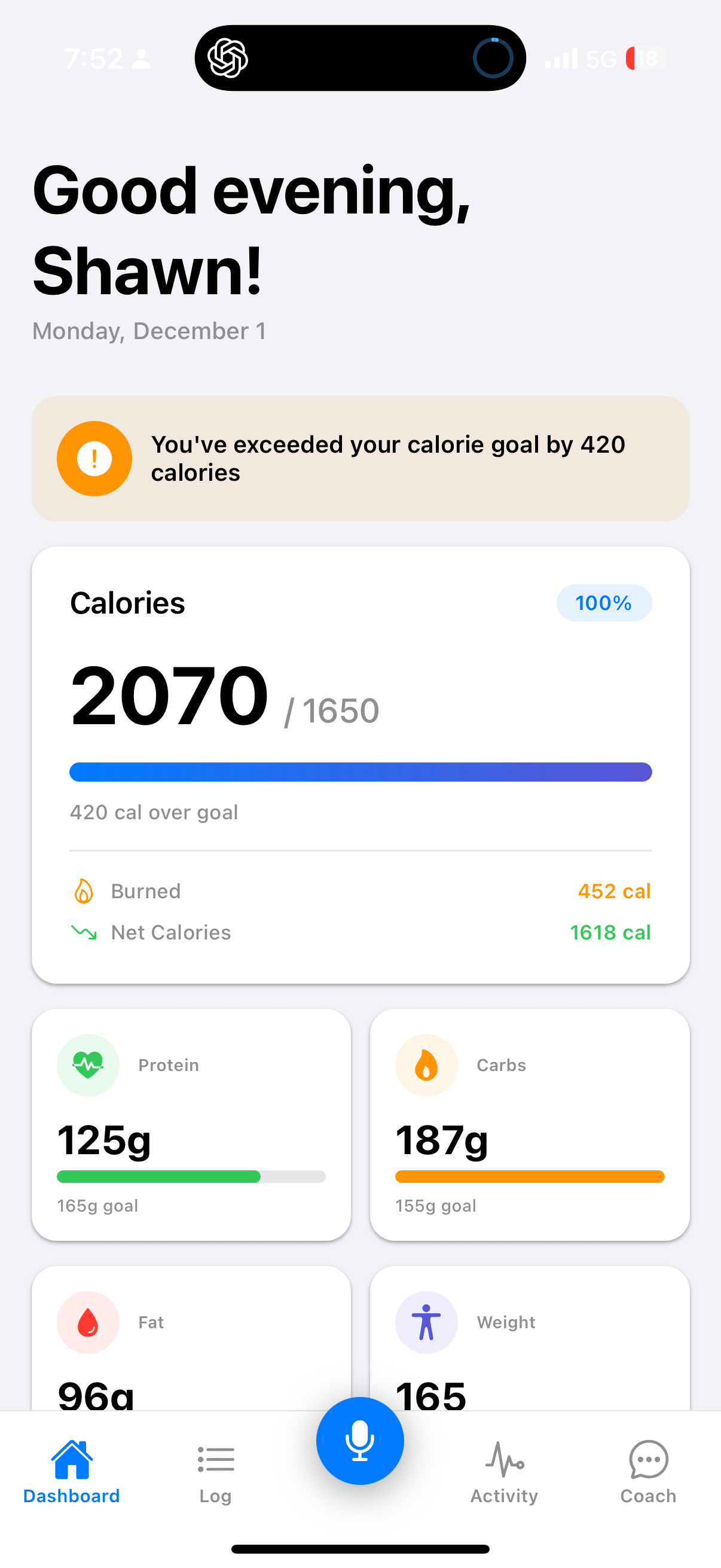 Cal Voice Dashboard showing calorie tracking